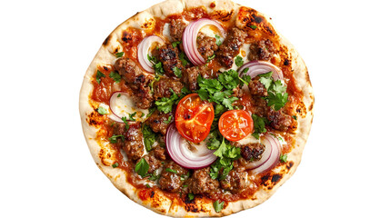 Overhead view of a flatbread pizza topped with meat tomatoes isolated on white background