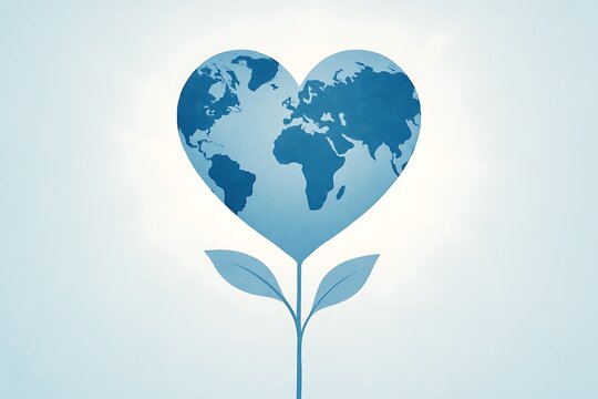 Stylized heart shape representing the earth with leaves globe world