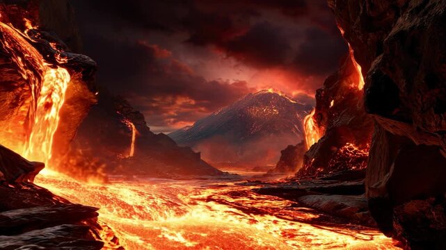 Molten lava flowing through a rugged canyon, the scene dominated by fire and brimstone
