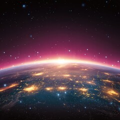 Earth rising, sunrise from space.  Vast expanse of space with stars, glowing lights of cities on a planet, sunrise