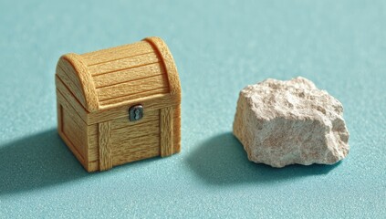 Miniature wooden treasure chest beside a light gray rock on a teal surface