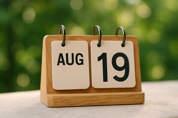 Wooden flip calendar displaying august nineteenth image