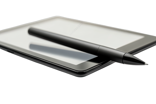 A Black Stylus Pen Lies On Top Of A Black Tablet Computer On A Transparent Background The Tablet's Screen Is Blank And The Stylus Pen Is In Focus