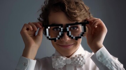 Cute girl in pixel glasses close-up, creating a creative digital image, bow tie, close-up, technology theme