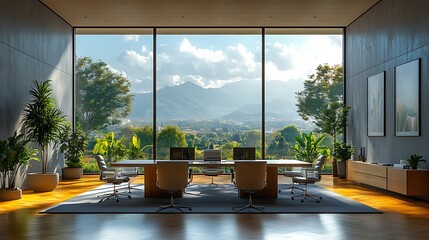Modern office with mountain view background