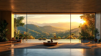 Panoramic sunset view from modern house interior