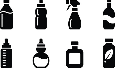 Black and White Bottle Icons Set Spray Bottle Dropper Baby Bottle