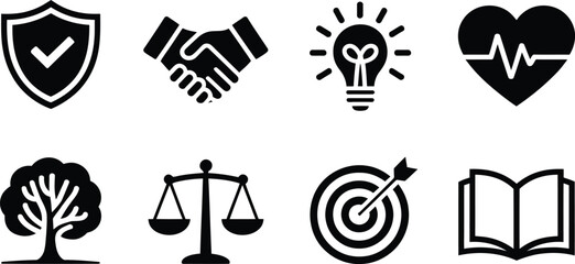 Black and white icons of shield handshake lightbulb heart tree scales target book