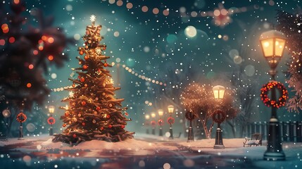 Decorative Christmas Tree with Lights and Wreaths in Snowy Park Scene at Night