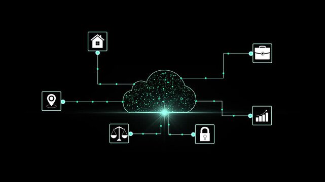 Motion graphic of Blue digital cloud computing logo and futuristic circle HUD with big data processed on grid line background. Futuristic technology global network data connection