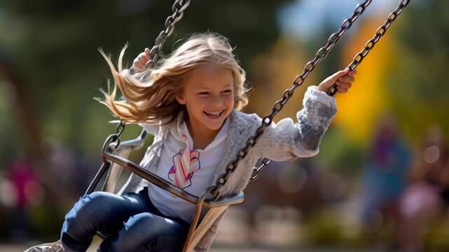 Happy child on swing set in park