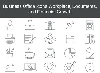 Office Business Line Icons Workplace, Management, and Productivity Symbols. Simple Line Art Business
Icons. A set of line icons depicting office supplies, business concepts, and tools for productivity