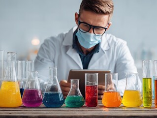 Scientist in protective mask using digital tablet to analyze data while surrounded by colorful chemical solutions in laboratory glassware