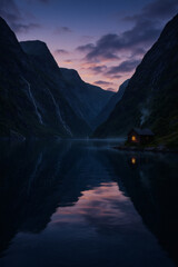 Twilight Cabin Retreat: A cozy cabin nestled on a lake surrounded by towering mountains, bathed in the soft glow of twilight and reflection.