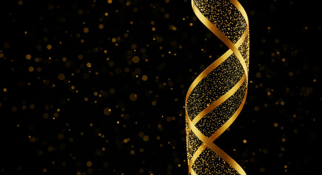 Luxurious abstract texture with golden waves and glitter, shimmering particles on black background with free space for text. - Powered by Adobe