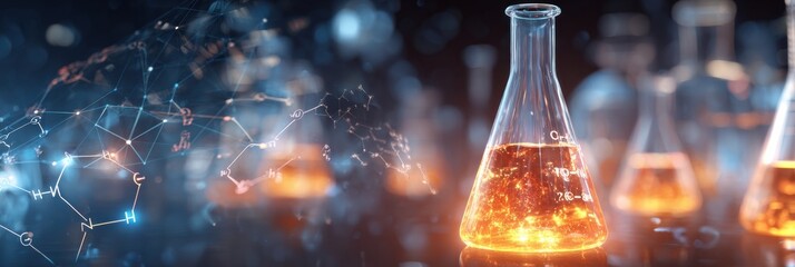 Virtual Chemistry Lab Featuring Floating Flasks and Chemical Formulas With a Bright Backdrop and a Blank Bottom Margin for Creative Use