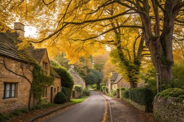 A scenic autumn street with stone houses and trees