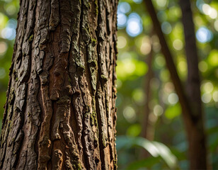 Obraz premium Photo of intricate bark texture from an endemic tree species in Mata Atlântica, extreme close‑up macro lens, high resolution detail of grooves and pattern, soft diffused forest light