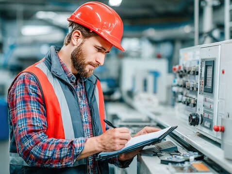 Construction engineer in red safety helmet and reflective vest conducting inspection with clipboard at modern industrial manufacturing plant