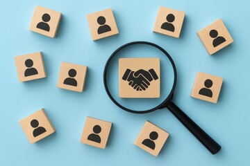 Human resources or team selection concept with magnifier focusing on partnership handshake