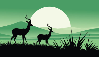 Vector Silhouette of Deer in the Grassland