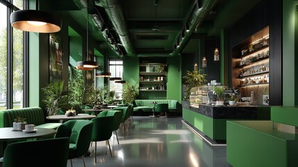 Interior view of a green themed cafe with plants and modern lighting fixtures