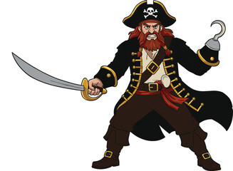 Angry pirate cartoon with sword and hook hand, pirate costume illustration, sea robber, adventure character, treasure hunter, comic pirate design