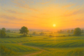 Obraz premium 따스한 아침 햇살이 비추는 푸른 산 능선, 부드러운 안개와 햇빛이 어우러진 평화로운 자연 풍경