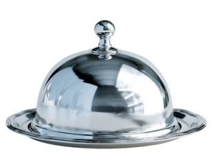 A gleaming silver cloche elegantly covers a serving platter isolated on transparent background