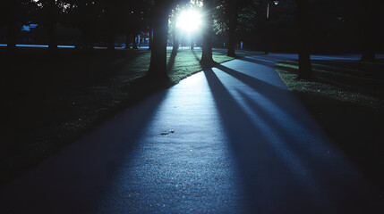Sunlit Path Through Trees Casting Long Shadows in a Park Landscape