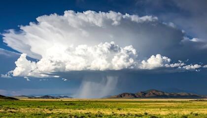 Expansive cumulonimbus cloud over flatlands, rain falling