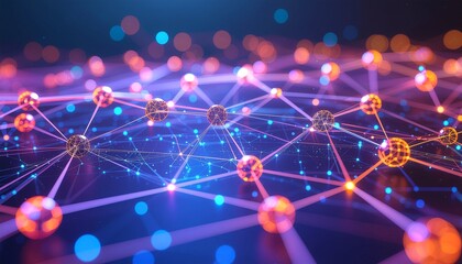 Colorful connected network with glowing spheres and light bokeh in digital space
