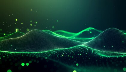 Futuristic green wave background with glowing particles and digital energy