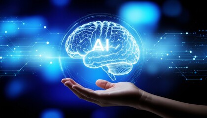 Digital brain with AI symbol floating above a hand in glowing tech interface