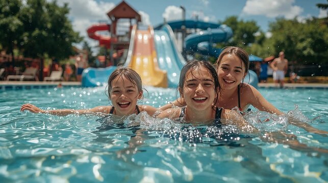Happy family swims in water park pool. Joyful boy, girl with father splash on water slide. Summer vacation, leisure activity, happy childhood, family bonding. Active rest, fun, entertainment