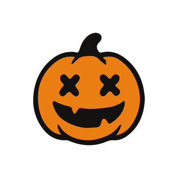 Funny Halloween pumpkin with crossed eyes and toothy grin. Cartoon jack-o'-lantern vector icon for spooky season decorations, greeting cards, prints, and children&rsquo;s designs