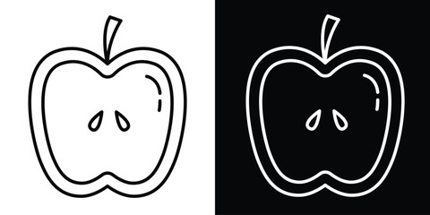 Minimalist line art icon of a sliced apple half with seeds. Healthy food and fresh fruit concept on black and white backgrounds.