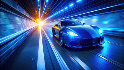 Sleek Blue Sports Car Speeding Through Futuristic Tunnel, Modern Automotive Design, High-Speed Motion, Transportation Technology, Electric Vehicle Concept