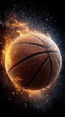 Basketball ignites with flames against dark backdrop during intense game atmosphere