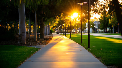 Sunlit pathway lined with trees and modern lampposts at golden hour