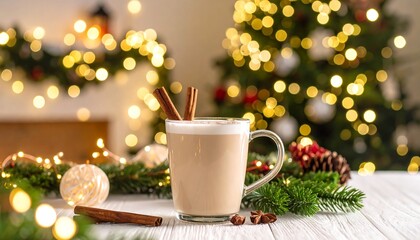 Obraz premium Festive spiced latte in a clear mug, bokeh Christmas lights background