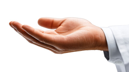 A close-up of an outstretched hand with palm facing up, isolated on a black background.