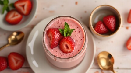 Strawberry Flavored Smoothie with Fresh Fruit Garnish in Glass on White Plate