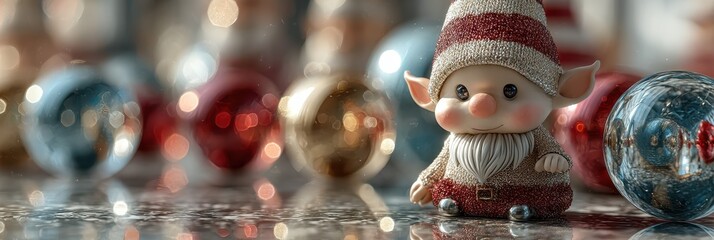 Charming elf figurine surrounded by colorful ornaments creates a festive atmosphere during holiday season