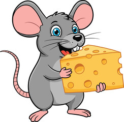 Cute cartoon mouse holding cheese, smiling rodent character, happy gray rat illustration, fun animal mascot, cheese lover, children friendly art