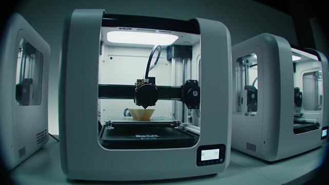 Row of Gray 3D Printers on a White Surface with a Bright White Background in Wide Angle View Focused on the Center