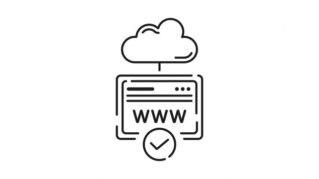 Web domain line animation. Web domain animation with a cloud connection to a verified website icon. Suitable for cybersecurity, technology, internet, cloud computing concepts.