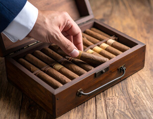 A gentleman placing a cigar in an antique box, no smoking visible