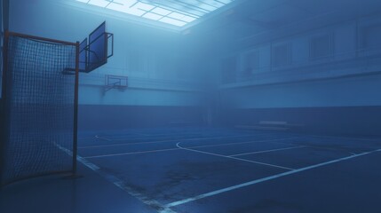 Eerie Blue: Fog-Filled Indoor Basketball Court with Skylight and Distant Baskets