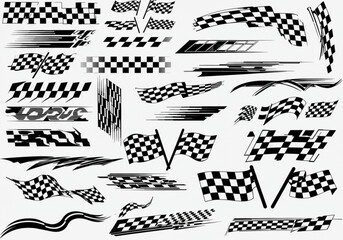 Collection of checkered racing flags and speed graphics